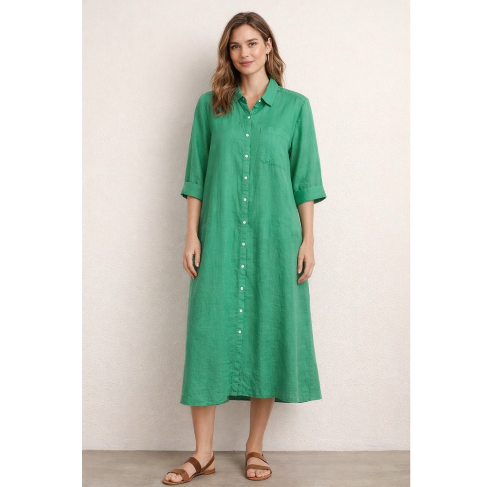 J. Jill Green Linen Button-Front Midi Shirt Dress